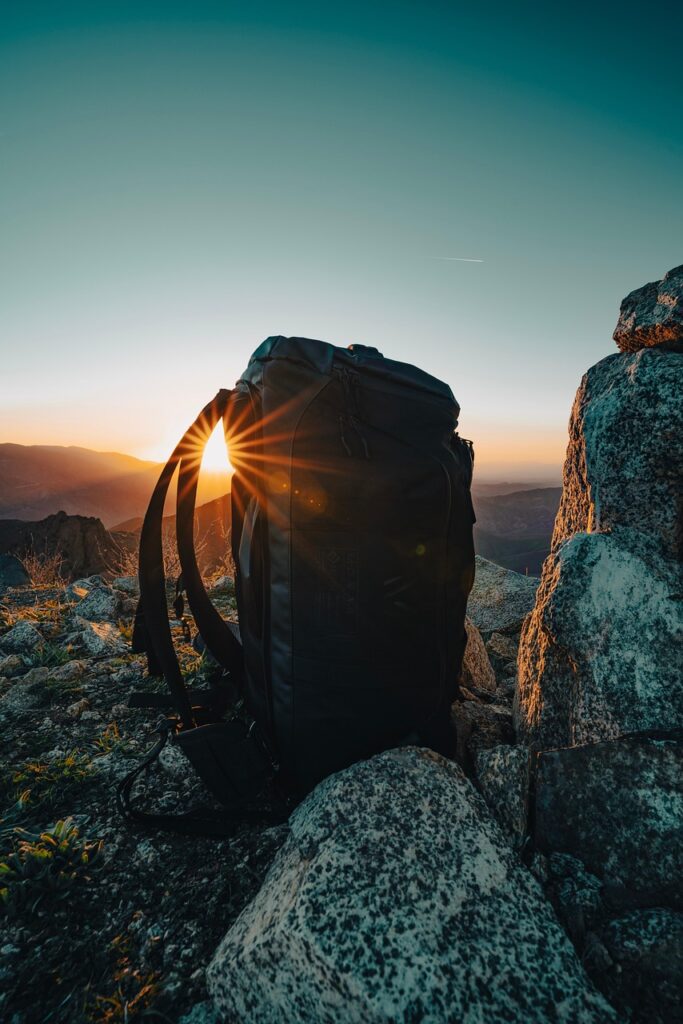 backpack, rocks, sun, summit, peak, backpacking, climb, evening, golden hour, hiking, landscape, light, los angeles, mountain, outdoors, panoramic, ray, recreation, san bernadino mountains, san gabriel mountains, nature, shine